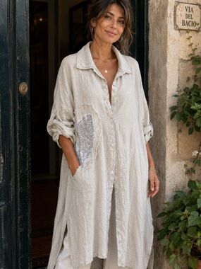 Made in Italy- Light Beige with Sequin Heart Women's Linen Shirt Dress